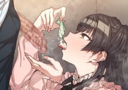 Rule 34 | 1boy, 1girl, black hair, black pants, black ribbon, brown hair, censored, condom, drinking from condom, erere, frilled sleeves, frills, from side, gokkun, holding, holding condom, idolmaster, idolmaster shiny colors, long hair, long sleeves, mayuzumi fuyuko, mosaic censoring, neck ribbon, pants, penis, pink nails, pink shirt, ribbon, shirt, tongue, tongue out, two side up, used condom, white shirt