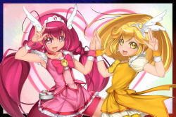 Rule 34 | 10s, 2girls, bike shorts, blonde hair, bow, bowtie, brooch, choker, cure happy, cure peace, dress, hair flaps, head wings, heart, holding hands, hoshizora miyuki, jewelry, kise yayoi, long hair, m/, magical girl, multiple girls, pink bow, pink dress, pink eyes, pink hair, pink skirt, precure, shorts, shorts under skirt, sin (moemaru), skirt, smile, smile precure!, tiara, twintails, wings, wrist cuffs, yellow bow, yellow dress, yellow eyes, yellow skirt