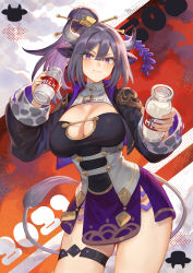 Rule 34 | 1girl, abstract background, animal ears, black jacket, bottle, breasts, buckle, cleavage, cleavage cutout, closed mouth, clothing cutout, contrapposto, corset, cow ears, cow girl, cow horns, cow tail, cowboy shot, cropped jacket, hair ornament, hair stick, highres, holding, holding bottle, horns, jacket, large breasts, long hair, long sleeves, looking at viewer, mashuu (neko no oyashiro), milk bottle, miniskirt, mole, mole under mouth, open clothes, open jacket, original, purple eyes, purple hair, purple skirt, side slit, skirt, smug, solo, tail, thigh strap, underbust, v-shaped eyebrows