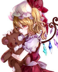 Rule 34 | 1girl, blonde hair, blood, colored eyelashes, crystal, damaged, fingernails, flandre scarlet, hair between eyes, hat, hat ribbon, highres, holding, holding stuffed toy, lips, long hair, looking at viewer, mob cap, one side up, pointy ears, puffy short sleeves, puffy sleeves, red eyes, red ribbon, red skirt, red vest, ribbon, shirt, short sleeves, simple background, skirt, skirt set, solo, stuffed animal, stuffed toy, stuffing, teddy bear, touhou, vest, white background, white hat, white shirt, wikumi, wings