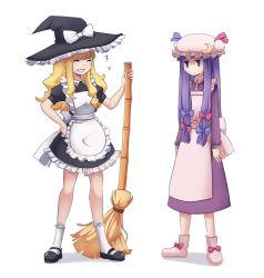 Rule 34 | +++, 2girls, adapted costume, alternate costume, apron, blonde hair, blush, boots, broom, crescent, dress, enmaided, expressionless, closed eyes, full body, grin, hair ribbon, hat, hat ribbon, image sample, iwbitu, kirisame marisa, long hair, long sleeves, looking at another, maid, maid apron, mary janes, mob cap, multiple girls, patchouli knowledge, puffy sleeves, purple hair, ribbon, shoes, short sleeves, simple background, smile, socks, touhou, tress ribbon, white background, white legwear, witch hat