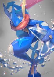 Rule 34 | blurry, bright pupils, commentary request, creatures (company), game freak, gen 6 pokemon, greninja, grey background, highres, holding, kikuyoshi (tracco), looking at viewer, nintendo, pink eyes, pokemon, pokemon (creature), shiny skin, shuriken, signature, solo, sparkle, water drop, weapon, white pupils