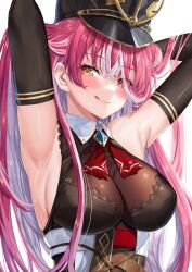 Rule 34 | 1girl, armpits, asymmetrical hair, blush, breasts, cleavage, grey hair, hair bun, heterochromia, highres, hololive, houshou marine, houshou marine (marching band), kazama (akki12), large breasts, licking lips, long hair, looking at viewer, multicolored hair, official alternate costume, official alternate hairstyle, one side up, red eyes, red hair, see-through, see-through cleavage, side up bun, single side bun, solo, streaked hair, tongue, tongue out, upper body, very long hair, virtual youtuber, white background, yellow eyes
