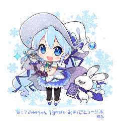 Rule 34 | 1girl, 1other, artist name, black legwear, blue eyes, blue hair, blue scarf, blue skirt, blush stickers, book, boots, bow, cloak, commentary, figure, fingerless gloves, gloves, grimoire, hat, hat bow, hatsune miku, holding, holding book, holding toy, holding wand, large hat, light blue hair, looking at viewer, mao yu, miniskirt, necktie, open mouth, pom pom (clothes), purple gloves, rabbit, rabbit yukine, scarf, shirt, skirt, sleeveless, smile, snowflake in eye, snowflake ornament, snowflakes, toy, treble clef, twintails, vocaloid, wand, white footwear, white headwear, white shirt, witch hat, yellow neckwear, yuki miku, yuki miku (2014)
