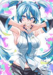 1girl armpits bare_shoulders blue_eyes blue_hair blue_nails blush breasts hair_between_eyes hair_ornament hatsune_miku heart heart_hands highres inue_ao looking_at_viewer necktie sideboob skirt sleeveless solo twintails vocaloid