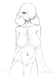 Rule 34 | 1girl, absurdres, arms at sides, bad id, bad pixiv id, blush, bob cut, breasts, closed mouth, collarbone, covered navel, cowboy shot, creatures (company), embarrassed, female focus, game freak, gardevoir, gen 3 pokemon, greyscale, groin, haembokeyo, hair over one eye, half-closed eyes, highres, large breasts, looking at viewer, monochrome, nintendo, no nipples, one eye covered, pokemon, pokemon (creature), short hair, simple background, sketch, solo, split mouth, standing, straight-on, thighs, white background