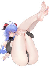 Rule 34 | 1girl, absurdres, ahoge, ass, bare legs, bare shoulders, barefoot, black leotard, blue hair, blue nails, breasts, cleavage cutout, clothing cutout, commentary, feet, ganyu (genshin impact), genshin impact, heart cutout, highres, holding legs, horns, large breasts, legs up, leotard, long hair, long sleeves, looking at viewer, lying, nail polish, on back, purple eyes, shoulder cutout, simple background, soles, solo, thighs, toenail polish, toenails, toes, white background, wudiyuzhouxiaohuanxiong