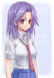 Rule 34 | kajiki yumi, masarou, necktie, purple hair, red eyes, saki (manga), school uniform, short hair, short sleeves, skirt, solo