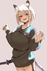 Rule 34 | 1girl, :d, animal ear fluff, animal ears, arknights, blonde hair, blush, breasts, collarbone, cowboy shot, female focus, hair between eyes, hair ornament, large breasts, nail polish, open mouth, paw pose, purple eyes, short hair, simple background, skeptycally, smile, solo, standing, tail, utage (arknights)