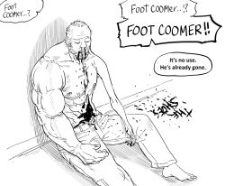 Rule 34 | 1boy, absurdres, against wall, asymmetrical arms, balding, barefoot, bb (baalbuddy), blood, blood on face, blood writing, closed eyes, coomer (meme), death, denim, dying message, facial hair, greyscale, highres, jeans, male focus, meme, monochrome, muscular, muscular male, nosebleed, original, oversized forearms, oversized limbs, pants, solo, stubble, veins, veiny arms