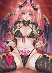 Rule 34 | 1girl, ass, bikini, black bikini, black thighhighs, blue eyes, breasts, cleavage, covered erect nipples, demon girl, frontal wedgie, gluteal fold, hair between eyes, heart, heart tattoo, highres, long hair, looking at viewer, navel, original, pink hair, pointy ears, ponytail, pubic tattoo, ran&#039;ou (tamago no kimi), sitting, smile, solo, spread legs, swimsuit, tattoo, teeth, thighhighs, tongue, tongue out, twintails, wedgie, wings