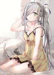 Rule 34 | 10s, 1girl, ahoge, alternate costume, arm up, asashimo (kancolle), bare shoulders, blush, breasts, chemise, cleavage, collarbone, green eyes, grey hair, hair over one eye, kantai collection, long hair, looking at viewer, off shoulder, on bed, ponytail, shijima (sjmr02), sitting, small breasts, solo, strap slip, twitter username, yokozuwari
