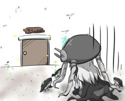 Rule 34 | 10s, 1girl, door, gloom (expression), goma (gomasamune), hat, kantai collection, prostration, pale skin, solo, translation request, white hair, wo-class aircraft carrier