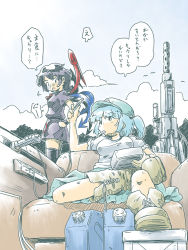 Rule 34 | 2girls, asymmetrical wings, black hair, blue hair, boots, breasts, female focus, futatsuki hisame, gloves, hair bobbles, hair ornament, houjuu nue, kawashiro nitori, multiple girls, short hair, sleeves rolled up, thigh boots, thighhighs, touhou, translation request, twintails, two side up, wings