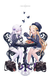 Rule 34 | 2girls, :d, :t, abigail williams (fate), alternate costume, animal, bacon, bag, bag charm, bags under eyes, between legs, black bow, black cardigan, black headwear, black legwear, blonde hair, blush, bow, bug, bukurote, butterfly, cardigan, chair, charm (object), closed eyes, collared shirt, copyright name, cup, eating, fate/grand order, fate (series), feeding, food, forehead, hair bow, hand between legs, hat, highres, holding, holding food, horns, insect, lavinia whateley (fate), long hair, long sleeves, multiple girls, nose blush, on chair, open mouth, orange bow, pancake, parted bangs, pink eyes, plate, pleated skirt, polka dot, polka dot bow, purple bow, reflection, ribbed legwear, saucer, school bag, school uniform, shirt, silver hair, sitting, skirt, sleeves past fingers, sleeves past wrists, smile, socks, spoon, steam, stuffed animal, stuffed toy, suction cups, table, teacup, teddy bear, tentacles, very long hair, white background, white legwear, white shirt, white skirt, wide-eyed