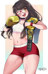 Rule 34 | 1girl, ;d, black hair, boxing gloves, breasts, championship belt, collarbone, commentary, glasses, head tilt, highres, iroyopon, long hair, navel, one eye closed, open mouth, original, red-framed eyewear, red shorts, short shorts, shorts, signature, small breasts, smile, solo, symbol-only commentary, teeth, upper teeth only, very long hair, yellow eyes