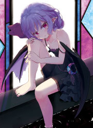 Rule 34 | 1girl, alternate costume, bare shoulders, barefoot, bat wings, beni kurage, black dress, blue hair, blush, commentary request, dress, feet out of frame, hair ribbon, head tilt, highres, indoors, knee up, looking at viewer, no headwear, pointy ears, red eyes, red ribbon, remilia scarlet, ribbon, short dress, short hair, sidelocks, sitting, soaking feet, solo, spaghetti strap, strap slip, touhou, water, wings