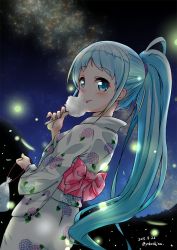 Rule 34 | 1girl, alternate costume, alternate hairstyle, blue eyes, blue hair, commentary request, cotton candy, dated, dutch angle, from behind, gradient hair, highres, japanese clothes, kantai collection, kimono, look-alike, looking at viewer, milky way, multicolored hair, night, ponytail, samidare (kancolle), solo, star (sky), starry night, swept bangs, twitter username, white kimono, yokoshima (euphoria), yukata