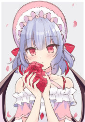 Rule 34 | 1girl, :&lt;, alternate costume, alternate headwear, bad id, bad twitter id, bat wings, beni kurage, blush, bow, closed mouth, collarbone, commentary request, dress, eyelashes, fingernails, flower, frills, fur trim, grey background, hat, hat ribbon, highres, holding, holding flower, light purple hair, looking at viewer, off-shoulder dress, off shoulder, petals, pink dress, pointy ears, puffy short sleeves, puffy sleeves, red ribbon, remilia scarlet, ribbon, short hair, short sleeves, simple background, solo, spaghetti strap, standing, touhou, upper body, wings