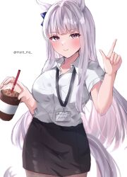 Rule 34 | 1girl, absurdres, animal ears, blush, bow, closed mouth, commentary request, cowboy shot, cropped legs, cup, disposable cup, drinking straw, ear bow, gold ship (umamusume), grey hair, highres, holding, holding cup, horse ears, horse girl, horse tail, lanyard, long hair, mare ma, pencil skirt, pointing, pointing up, purple bow, purple eyes, shirt, short sleeves, skirt, smile, solo, tail, twitter username, umamusume, very long hair, white background, white shirt