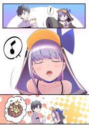 Rule 34 | !, 1boy, 1girl, animal hood, bad id, bad twitter id, bird, black hair, chick, choker, comic, crepe, fate/grand order, fate (series), food, fujimaru ritsuka (male), highres, hood, meltryllis, meltryllis (fate), meltryllis (swimsuit lancer) (fate), meltryllis (swimsuit lancer) (first ascension) (fate), mentaiko mamire, musical note, nest, open mouth, penguin hood, purple hair, sleeves past fingers, sleeves past wrists, spoken musical note