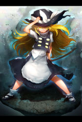 Rule 34 | 1girl, absurdres, apron, black footwear, black hat, black skirt, black vest, blonde hair, bow, buttons, closed mouth, double-breasted, hair over one eye, hat, hat bow, highres, kirisame marisa, legs apart, letterboxed, long hair, looking at viewer, niwarhythm, one eye covered, shirt, shoes, short sleeves, skirt, smile, socks, solo, touhou, vest, white apron, white bow, white shirt, white socks, witch hat, yellow eyes