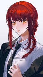Rule 34 | 1girl, absurdres, black jacket, black necktie, braid, braided ponytail, chainsaw man, collared shirt, formal, highres, jacket, looking at viewer, makima (chainsaw man), medium hair, necktie, red hair, ringed eyes, shirt, sidelocks, simple background, solo, suit, tokita mago, upper body, white background, white shirt, yellow eyes