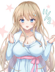 Rule 34 | 1girl, 2021, 9-nine-, :d, blue dress, blue eyes, blush, breasts, bright pupils, cleavage, clenched hands, collarbone, commentary request, dated commentary, diamond hair ornament, dress, eyelashes, hair between eyes, hands up, happy, happy birthday, highres, jewelry, kujou miyako, large breasts, light brown hair, long hair, long sleeves, looking at viewer, necklace, open mouth, pink ribbon, ribbon, sidelocks, simple background, smile, solo, star (symbol), star necklace, tatika714, teeth, upper body, upper teeth only, very long hair, wavy hair, white background, white pupils
