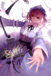 Rule 34 | 1girl, bad id, bad pixiv id, breasts, cherry blossoms, hat, highres, hitodama, hoshimawa, japanese clothes, light smile, lips, outstretched arms, petals, pink hair, red eyes, ribbon, saigyouji yuyuko, short hair, skeleton, skull, smile, touhou, triangular headpiece
