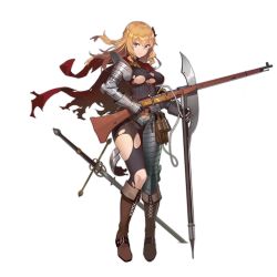 Rule 34 | 1girl, armor, bardiche (weapon), blue eyes, bolt action, boots, breasts, brown footwear, cape, character name, closed mouth, damaged, fangdan runiu, gauntlets, girls&#039; frontline, gun, holding, holding gun, holding weapon, large breasts, long hair, medieval, mosin-nagant, mosin-nagant (blade of white steel) (girls&#039; frontline), mosin-nagant (girls&#039; frontline), official alternate costume, official art, plate armor, polearm, red cape, rifle, sidelocks, solo, standing, sword, torn cape, torn clothes, torn legwear, transparent background, weapon