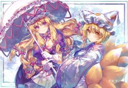 Rule 34 | 2girls, :3, animal hat, ayatsuki sugure, blonde hair, blush, bow, breasts, brooch, cleavage, closed mouth, commentary request, detached collar, dress, elbow gloves, fox tail, frilled dress, frilled shirt collar, frills, gloves, hair ribbon, hand on own face, hands in opposite sleeves, happy, hat, highres, holding, holding umbrella, jewelry, kitsune, lips, long hair, long sleeves, looking at viewer, medium breasts, mob cap, multiple girls, multiple tails, ofuda, ofuda on clothes, own hands together, puffy short sleeves, puffy sleeves, purple dress, purple eyes, red bow, red ribbon, ribbon, ribbon-trimmed umbrella, ribbon trim, short hair, short sleeves, sidelocks, smile, sparkle, standing, tabard, tail, tassel, touhou, tress ribbon, twitter username, umbrella, white dress, white gloves, white sleeves, wide sleeves, yakumo ran, yakumo yukari, yellow eyes