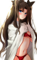 Rule 34 | 1girl, blue eyes, blush, bra, breasts, brown hair, fate/stay night, fate (series), hair ribbon, long hair, looking at viewer, medium breasts, navel, panties, red bra, red panties, ribbon, shirt, simple background, solo, suurin (ksyaro), tears, tohsaka rin, twintails, two side up, underwear, white background