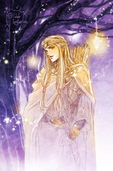 Rule 34 | 1boy, arrow (projectile), belt, circlet, gildor, highres, kazuki-mendou, long hair, looking at viewer, male focus, parted lips, pointy ears, quiver, robe, signature, solo, standing, the silmarillion, tolkien&#039;s legendarium, tolkien's legendarium, tree