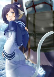 Rule 34 | 1girl, ainu clothes, animal ears, aquaplus, ass, black hair, breasts, cat tail, from behind, kuon (utawarerumono), long hair, looking back, medium breasts, open mouth, outdoors, ponytail, snow, tail, teeth, utawarerumono, utawarerumono: itsuwari no kamen, white tail, yellow eyes