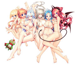 Rule 34 | 6+girls, :d, ;), argyle, argyle clothes, argyle cutout, ass, barefoot, bat wings, bikini, blonde hair, blue eyes, blue hair, blush, braid, breasts, brown bikini, brown hair, cleavage, cleavage cutout, clothing cutout, commentary request, demon girl, demon tail, feet, french braid, frog, full body, giuniu, hand on another&#039;s stomach, highres, holding hands, horns, large breasts, long hair, morrigan rufei, multiple girls, navel, one eye closed, open mouth, purple eyes, red eyes, red hair, sidelocks, silver hair, simple background, slingshot swimsuit, slit pupils, smile, swimsuit, tail, toes, transparent background, twin braids, uchi no hime-sama ga ichiban kawaii, wavy hair, white background, wings