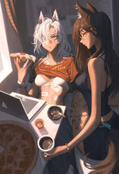Rule 34 | 2girls, absurdres, animal ears, arknights, bad arm, black hair, blue eyes, bra, bracelet, breasts, camisole, chinese commentary, cigarette, commentary request, computer, eyepatch, food, haagen-dazs vidar jira, highres, holding, holding food, indoors, jewelry, lappland (arknights), laptop, long hair, looking at viewer, medical eyepatch, medium breasts, midriff, multiple girls, navel, orange shirt, parted lips, pizza, pizza slice, scar, scar across eye, shirt, short sleeves, sitting, stomach, texas (arknights), underwear, white bra, white hair, wolf ears, yellow eyes