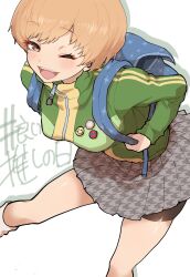 Rule 34 | 1girl, backpack, bag, highres, kurosususu, looking at viewer, one eye closed, open mouth, persona, persona 4, satonaka chie, simple background, skirt, smile, solo, thighs