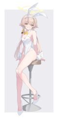 Rule 34 | 1girl, animal ears, arume ad, bare legs, blue archive, bow, bowtie, breasts, detached collar, grin, halo, hifumi (blue archive), highres, leotard, light brown hair, long hair, low twintails, playboy bunny, rabbit ears, sitting, small breasts, smile, solo, stool, thighs, twintails, white footwear, white leotard, wrist cuffs, yellow bow, yellow bowtie, yellow eyes