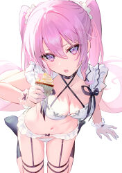 Rule 34 | 1girl, :d, bare shoulders, black collar, black socks, bra, breasts, cleavage, collar, collarbone, commentary request, cupcake, fang, food, hair between eyes, heart, highres, holding, holding food, long hair, looking at viewer, medium breasts, navel, no shoes, omelet tomato, open mouth, original, panties, pink hair, purple eyes, simple background, sitting, smile, socks, solo, twintails, twitter username, underwear, very long hair, wariza, watermark, white background, white bra, white panties, wrist cuffs