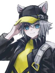 Rule 34 | 1girl, 3 (sanyako1), animal ears, arknights, baseball cap, black hat, black jacket, blue eyes, click (arknights), ears through headwear, grey hair, hand on headwear, hand up, hat, highres, jacket, long sleeves, looking at viewer, mouse ears, mouse girl, open clothes, open jacket, shirt, short hair, simple background, smile, solo, upper body, white background, yellow shirt