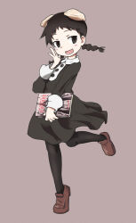 Rule 34 | 1girl, akita (akitaland gothic), akitaland gothic, black dress, black eyes, black hair, black pantyhose, book, braid, buttons, collared dress, dress, english text, foot up, full body, hand to own mouth, hand up, holding, holding book, horns, light blush, loafers, lower teeth only, medium hair, neko51, open mouth, pantyhose, shoes, short bangs, short dress, sideways glance, sleeve cuffs, smile, solo, standing, standing on one leg, teeth, tiptoes, twin braids