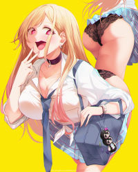 Rule 34 | 1girl, artist request, ass, blonde hair, blush, breasts, cameltoe, choker, from behind, highres, huge ass, inkspirate, kitagawa marin, large breasts, leaning, leaning forward, long hair, looking at viewer, multiple views, necktie, open mouth, panties, red eyes, school uniform, skirt, solo, sono bisque doll wa koi wo suru, thick thighs, thighs, underwear