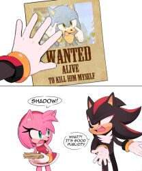 Rule 34 | 1boy, 1girl, 2koma, amy rose, animal ears, animal nose, arm up, bare shoulders, black fur, blue fur, blue sky, body fur, bracelet, comic, commentary, dress, english commentary, english text, eyelashes, fang, furry, furry female, furry male, gloves, gold bracelet, green eyes, hairband, half-closed eyes, hands up, hedgehog, hedgehog ears, hedgehog girl, hedgehog tail, highres, holding, holding paper, house, jewelry, looking at another, open mouth, paper, pink fur, red dress, red eyes, red fur, red hairband, shadow the hedgehog, simple background, sky, sleeveless, sleeveless dress, smile, sonic (series), sonic the hedgehog, speech bubble, standing, tail, tongue, toonsite, tree, two-tone fur, white background, white gloves