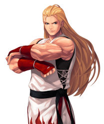 Rule 34 | 1boy, andy bogard, bare shoulders, belt, biceps, black belt, blonde hair, blue eyes, closed mouth, commentary request, cowboy shot, dougi, evilgun, fatal fury, fingerless gloves, fingernails, flame print, gloves, hair slicked back, highres, lips, long hair, looking at viewer, male focus, martial arts belt, muscular, muscular male, pants, red gloves, simple background, sleeveless, smile, solo, standing, the king of fighters, the king of fighters &#039;97, very long hair, white background, white pants