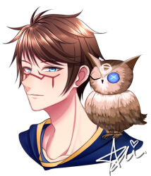 Rule 34 | 1boy, animal, animal on shoulder, aria arioso, bird, bird on shoulder, blue eyes, brown hair, button eyes, buttons, character name, commentary request, eli clark, facial mark, highres, identity v, owl, portrait, short hair, simple background, solo, swept bangs, upper body, white background