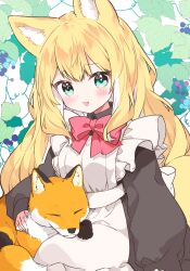 Rule 34 | 1girl, animal ear fluff, animal ears, apron, black dress, blonde hair, bow, colored inner hair, commentary, dress, fang, food, fox, fox ears, fox girl, fox tail, fruit, fuwafuwa-chan (kamiyoshi rika), grapes, green eyes, highres, kamiyoshi rika, light blush, long hair, long sleeves, looking at viewer, maid, maid apron, multicolored hair, open mouth, original, plant, red bow, sitting, smile, solo, tail, very long hair