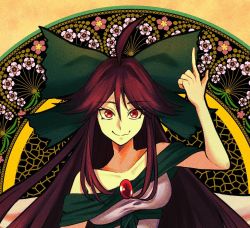 Rule 34 | 1girl, ahoge, arm up, bow, brown hair, closed mouth, cosplay, equality taira, fang, floral background, green bow, hair bow, highres, imaizumi kagerou, imaizumi kagerou (cosplay), index finger raised, long hair, off shoulder, red eyes, reiuji utsuho, skin fang, smile, solo, touhou, upper body