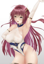 Rule 34 | 1girl, :d, ahoge, arm up, armpits, azur lane, backless leotard, bare shoulders, blush, breasts, cleavage, covered navel, crossed bangs, elbow gloves, fang, floating hair, gloves, gradient background, green eyes, hair between eyes, hair ornament, hand on own hip, highleg, highres, large breasts, leotard, ljpwow, long hair, looking at viewer, open mouth, red hair, sideboob, smile, solo, standing, surcouf (azur lane), thighs, white gloves