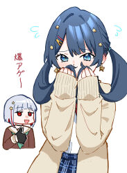 Rule 34 | 2girls, :d, alternate costume, blue eyes, blue hair, blue skirt, blunt bangs, blush, bob cut, brown coat, coat, colored inner hair, covering own mouth, dark blue hair, ear blush, earrings, flying sweatdrops, grey hair, hair ornament, hairclip, hasu no sora school uniform, highres, holding own hair, inverted bob, jewelry, jitome, link! like! love live!, long hair, looking at viewer, love live!, mismatched earrings, multicolored hair, multiple girls, murano sayaka, open clothes, open coat, open mouth, plaid, plaid skirt, pleated skirt, red eyes, red hair, school uniform, shirt, short hair, simple background, skirt, smile, solo focus, star (symbol), star hair ornament, streaked hair, thumbs up, translation request, twintails, upper body, virtual youtuber, white background, white shirt, yugiri tsuzuri, zangemiya