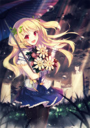 Rule 34 | 1girl, :d, animal ears, black pantyhose, blonde hair, blue skirt, blush, bouquet, cat, cat ears, cloud, cloudy sky, cowboy shot, fang, floating hair, flower, frilled sleeves, frills, graveyard, hair ornament, heiwari kanade, highres, holding, holding bouquet, legs together, light rays, long hair, looking at viewer, ocean, oil-paper umbrella, open mouth, original, outdoors, pantyhose, parasol, pleated skirt, rain, red eyes, short sleeves, skirt, sky, smile, solo, standing, sunbeam, sunlight, tombstone, two side up, umbrella, wrist cuffs